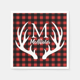 Rustic White Deer Antlers Buffalo Check Plaid Napkin