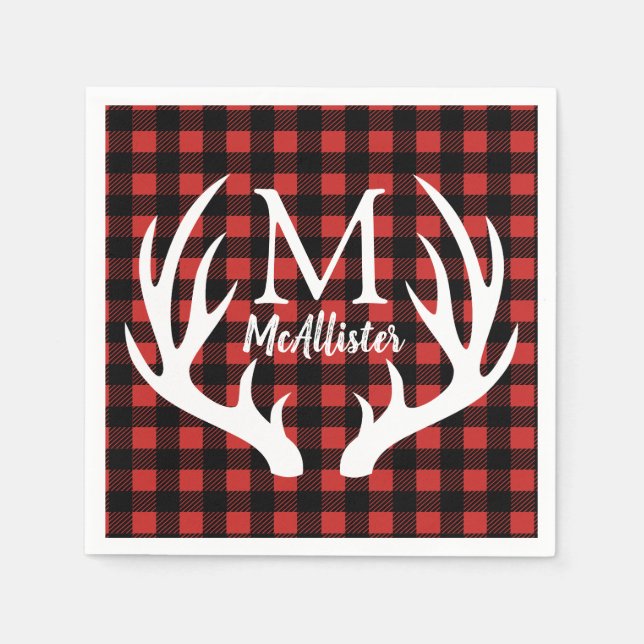 Rustic White Deer Antlers Buffalo Check Plaid Napkin (Front)