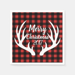 Rustic White Deer Antlers Buffalo Check Plaid Napkin