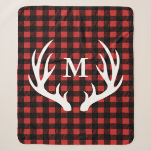 Rustic White Deer Antlers & Buffalo Check Plaid Sherpa Blanket