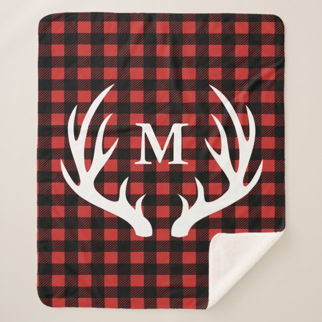 Rustic White Deer Antlers  & Buffalo Check Plaid Sherpa Blanket (Front)