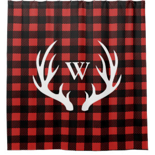 Rustic White Deer Antlers & Buffalo Check Plaid Shower Curtain