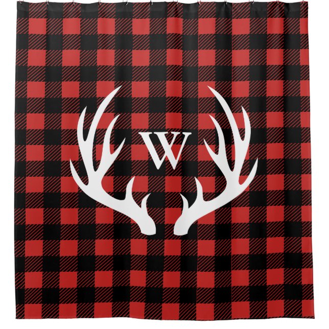 Rustic White Deer Antlers & Buffalo Check Plaid Shower Curtain (Front)