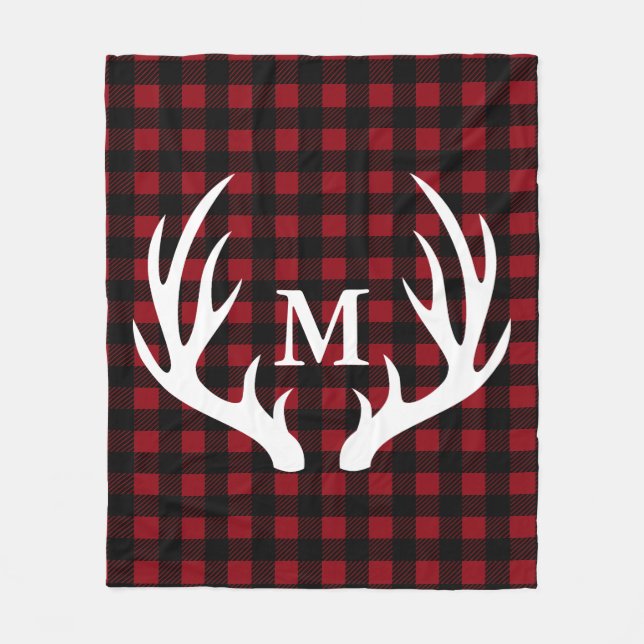 Rustic White Deer Antlers Buffalo Plaid Custom Fleece Blanket (Front)
