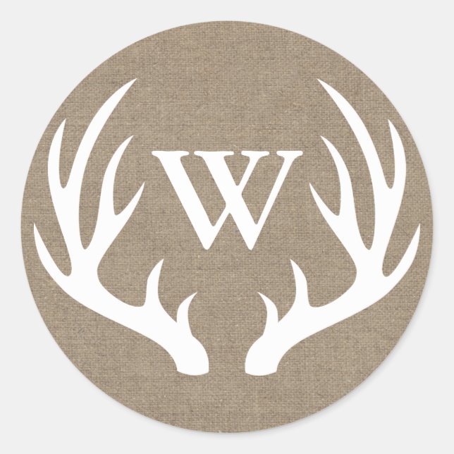 Rustic White Deer Antlers Burlap Initial Letter Classic Round Sticker (Front)