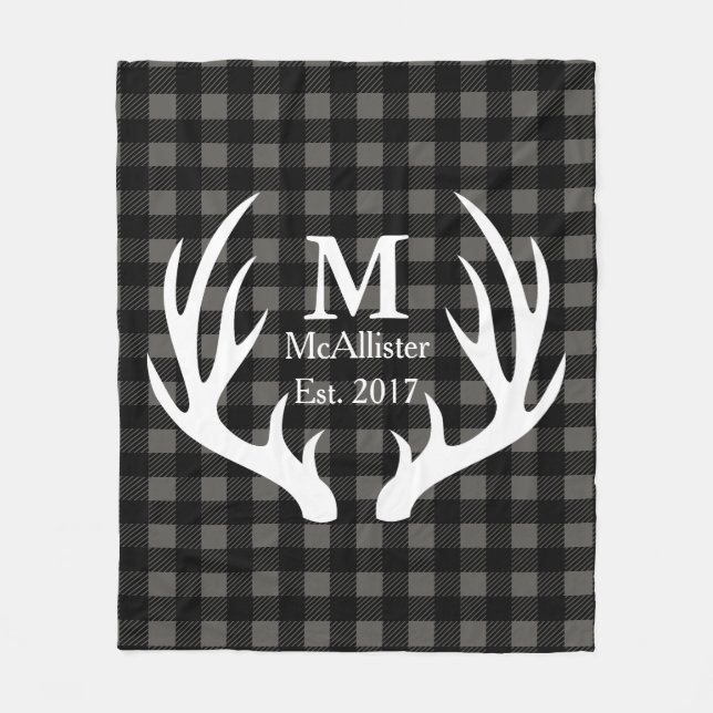 Rustic White Deer Antlers Check Plaid Family Name Fleece Blanket (Front)