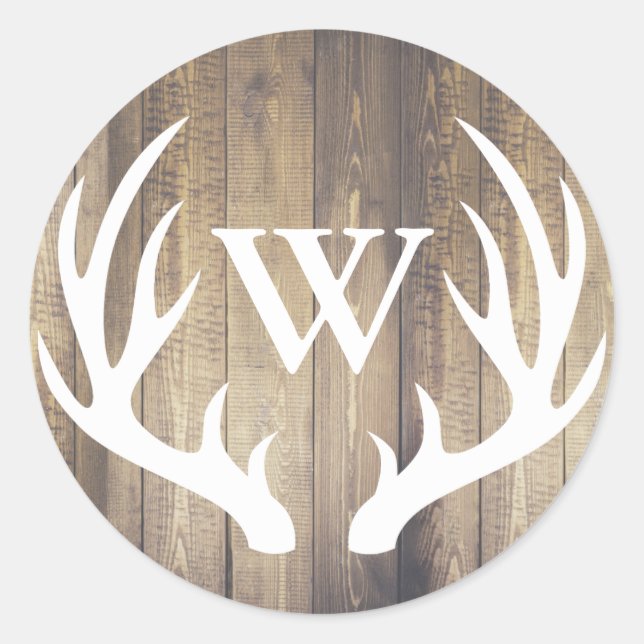 Rustic White Deer Antlers Farmhouse Initial Letter Classic Round Sticker (Front)