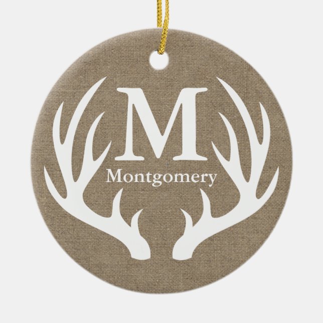 Rustic White Deer Antlers Faux Burlap Family Name Ceramic Tree Decoration (Front)