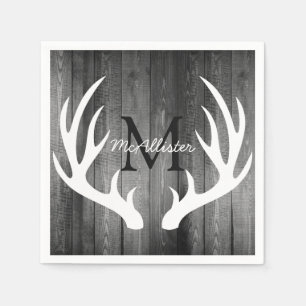 Rustic White Deer Antlers Grey Wood - Personalised Napkin