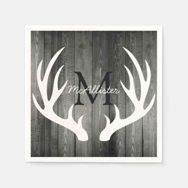 Rustic White Deer Antlers Grey Wood - Personalised Napkin (Front)