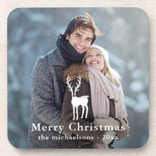 Rustic White Deer Christmas Holiday Photo Coaster