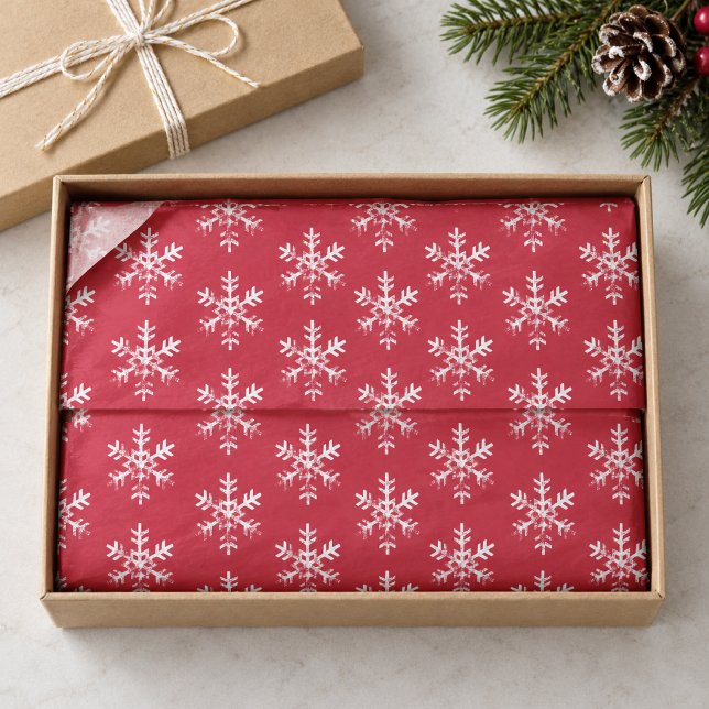 Rustic White Distressed Snowflakes Red Christmas  Tissue Paper (Elevate holiday unboxings and gift packaging with this rustic red snowflake tissue paper.)