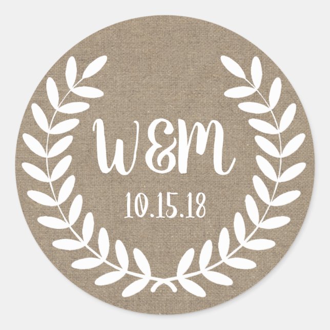 Rustic White Farmhouse Laurels Burlap Classic Round Sticker (Front)