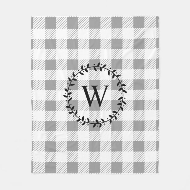 Rustic White Farmhouse Plaid & Black Wreath Fleece Blanket (Front)