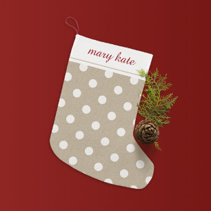 Rustic White Faux Burlap Polka Dot Small Christmas Stocking