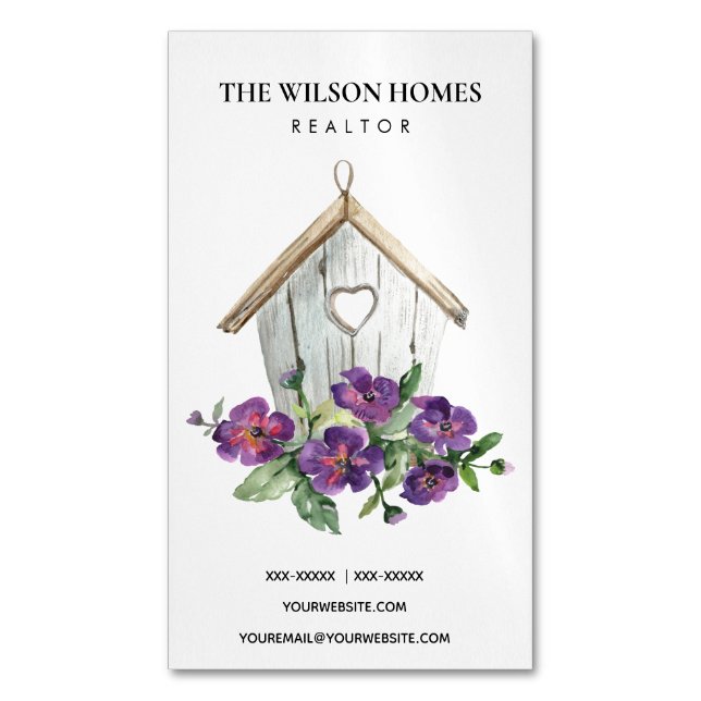 RUSTIC WHITE FLORAL BIRDHOUSE REAL ESTATE REALTOR 	Magnetic BUSINESS CARD (Front Vertical)