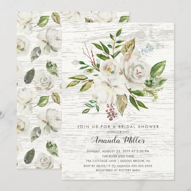 Rustic White Floral Bridal Shower Invitation (Front/Back)