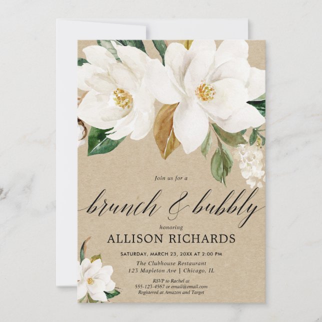 Rustic white floral brunch bubbly bridal shower invitation (Front)
