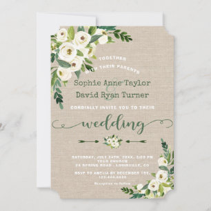 Rustic White Floral Burlap Handwriting Wedding Invitation