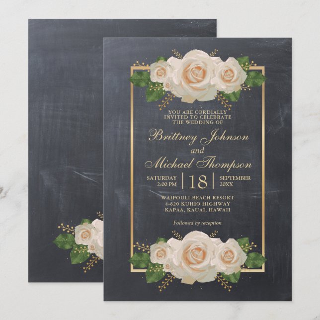 Rustic White Floral Chalkboard Formal | Wedding Invitation (Front/Back)