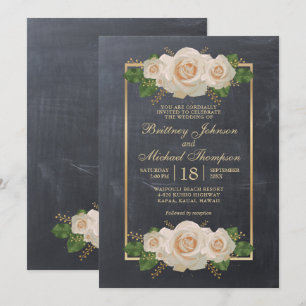 Rustic White Floral Chalkboard Formal   Wedding Invitation