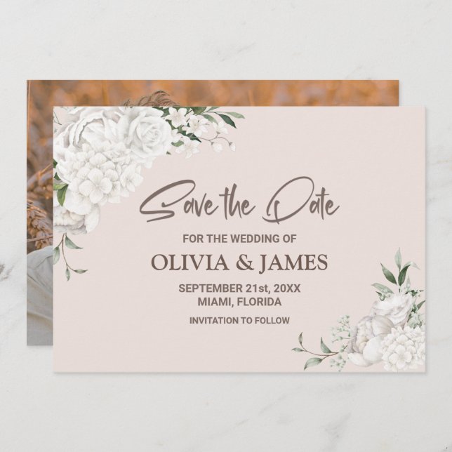 Rustic White Floral Custom Photo Wedding Save The Date (Front/Back)