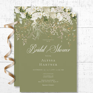 Rustic White Floral Drop Sage Green Bridal Shower Invitation