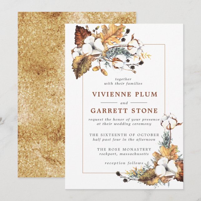 Rustic White Floral Gold Autumn Leaves Wedding Invitation (Front/Back)