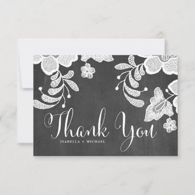 Rustic White Floral Lace on Faux Chalkboard Thank You Card (Front)