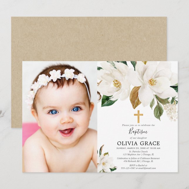 Rustic white floral magnolia fall baptism photo invitation (Front/Back)