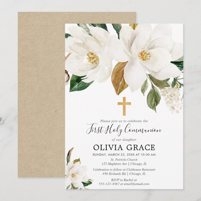 Rustic white floral magnolia first communion invitation (Front/Back)