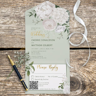 Rustic White Floral Peonies on Sage Green QR Code All In One Invitation