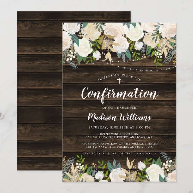 Rustic White Floral String Light Girl Confirmation Invitation (Front/Back)