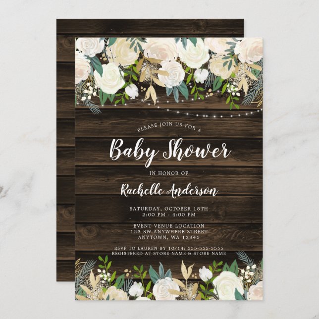 Rustic White Floral String Lights Girl Baby Shower Invitation (Front/Back)