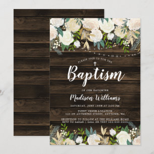 Rustic White Floral String Lights Girl Baptism Invitation