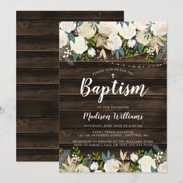 Rustic White Floral String Lights Girl Baptism Invitation (Front/Back)