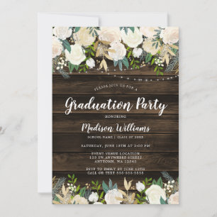 Rustic White Floral String Lights Graduation Party Invitation