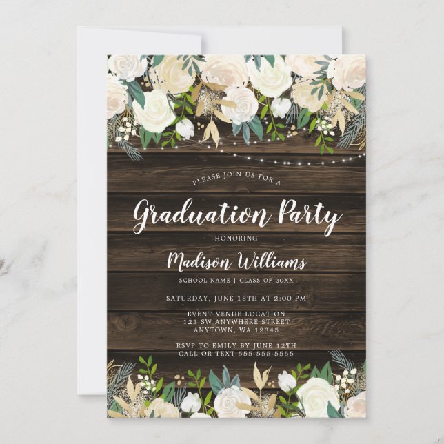 Rustic White Floral String Lights Graduation Party Invitation (Front)