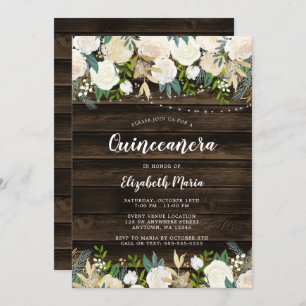 Rustic White Floral String Lights Quinceanera Invitation