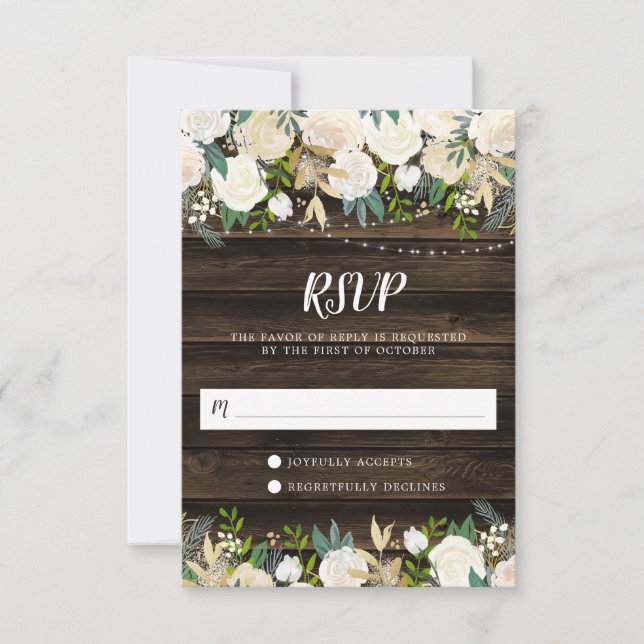 Rustic White Floral String Lights RSVP Card (Front)