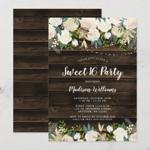 Rustic White Floral String Lights Sweet 16 Invitation
