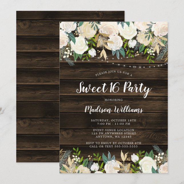 Rustic White Floral String Lights Sweet 16 Invitation (Front/Back)