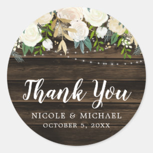 Rustic White Floral String Lights Wedding Classic Round Sticker