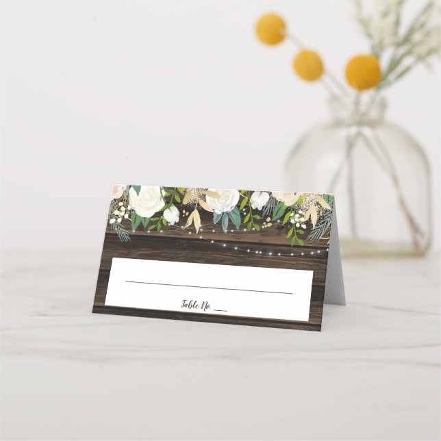 Rustic White Floral String Lights Wedding Folded Place Card (Front)