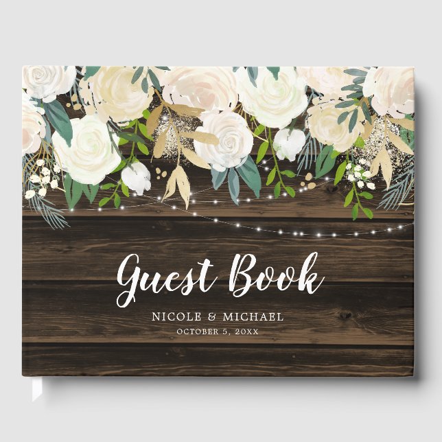 Rustic White Floral String Lights Wedding Guest Book (Front)
