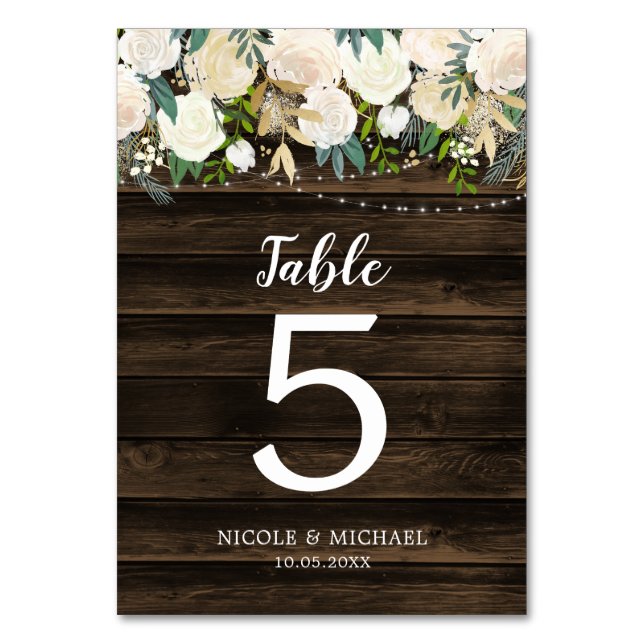 Rustic White Floral String Lights Wedding Table Number (Front)