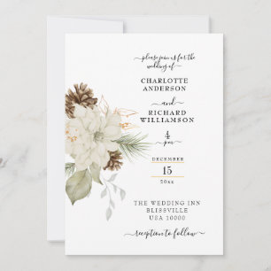 Rustic White Floral with Pinecone  Invitation