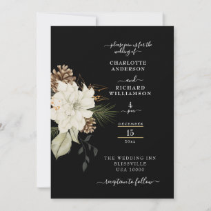 Rustic White Floral with Pinecone Ion Black  Invitation