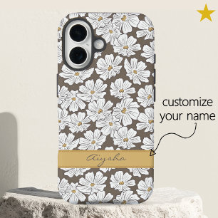 Rustic White Flower Sketch Yellow Gray Custom Name iPhone 16 Case
