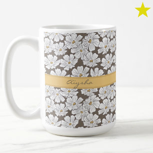 Rustic White Flower Sketch Yellow Gray Custom Name Coffee Mug
